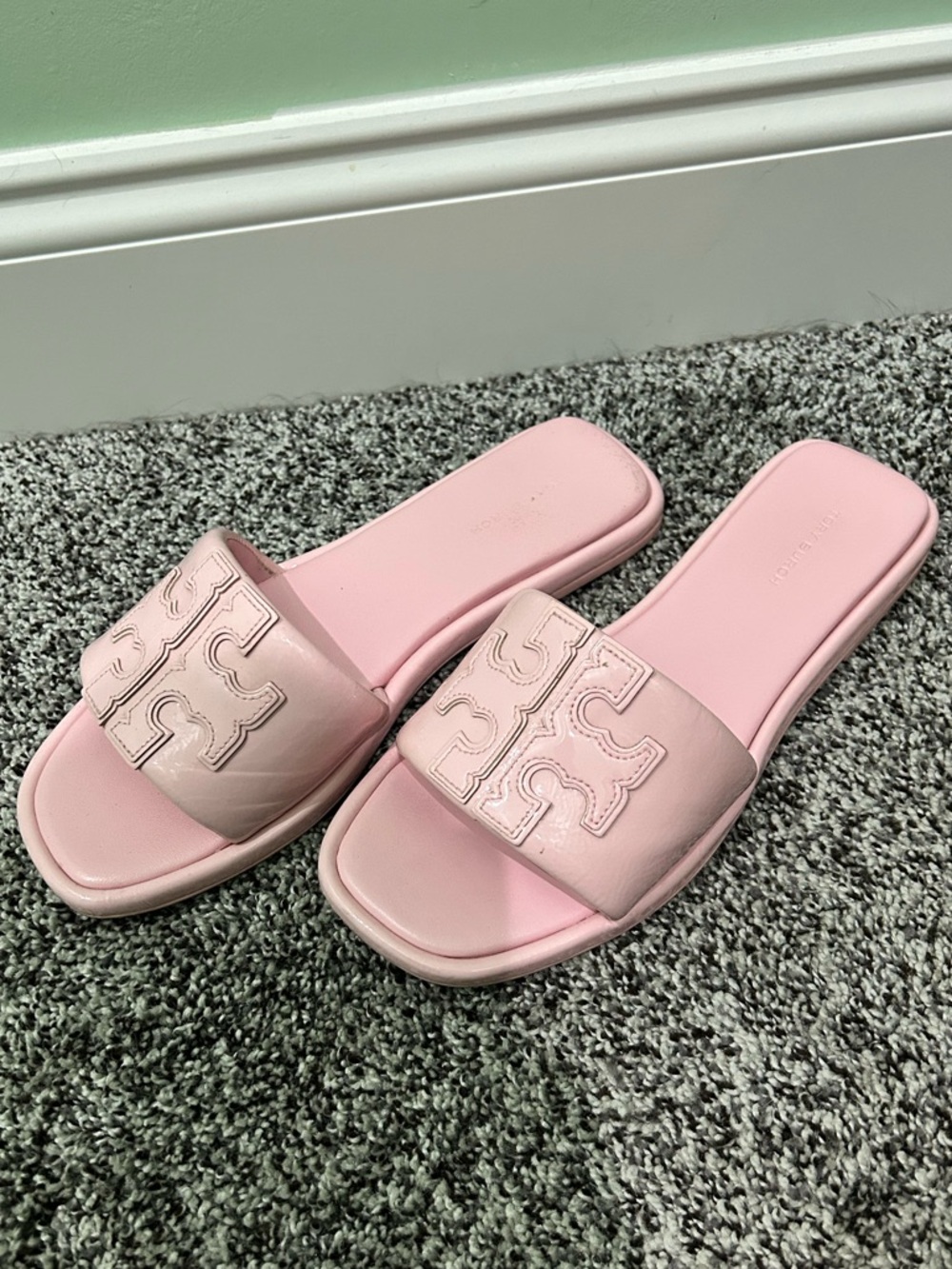 Tory Burch Pale Pink Leather Logo Slide Sandals